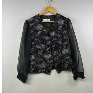Vintage Another Thyme Black Sequined Floral Sheer Sleeve‎  Button Front Blouse